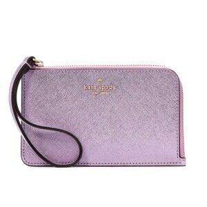 New Kate Spade Lucy Metallic Leather Small L-zip Wristlet Quartz Pink